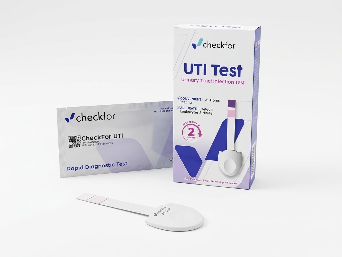 CheckFor UTI test kit box, foil pouch, and test strip with leukocyte and nitrite pads.